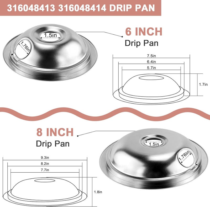 Fetechmate Electric Stove Burner Drip Pans Chrome 316048413(8”) 316048414(6”) and MP22YA Electric Range Burner Elements Replacement for Ken-more Tap-pan Frigi-daire Electric Stove Burner by - Image 2